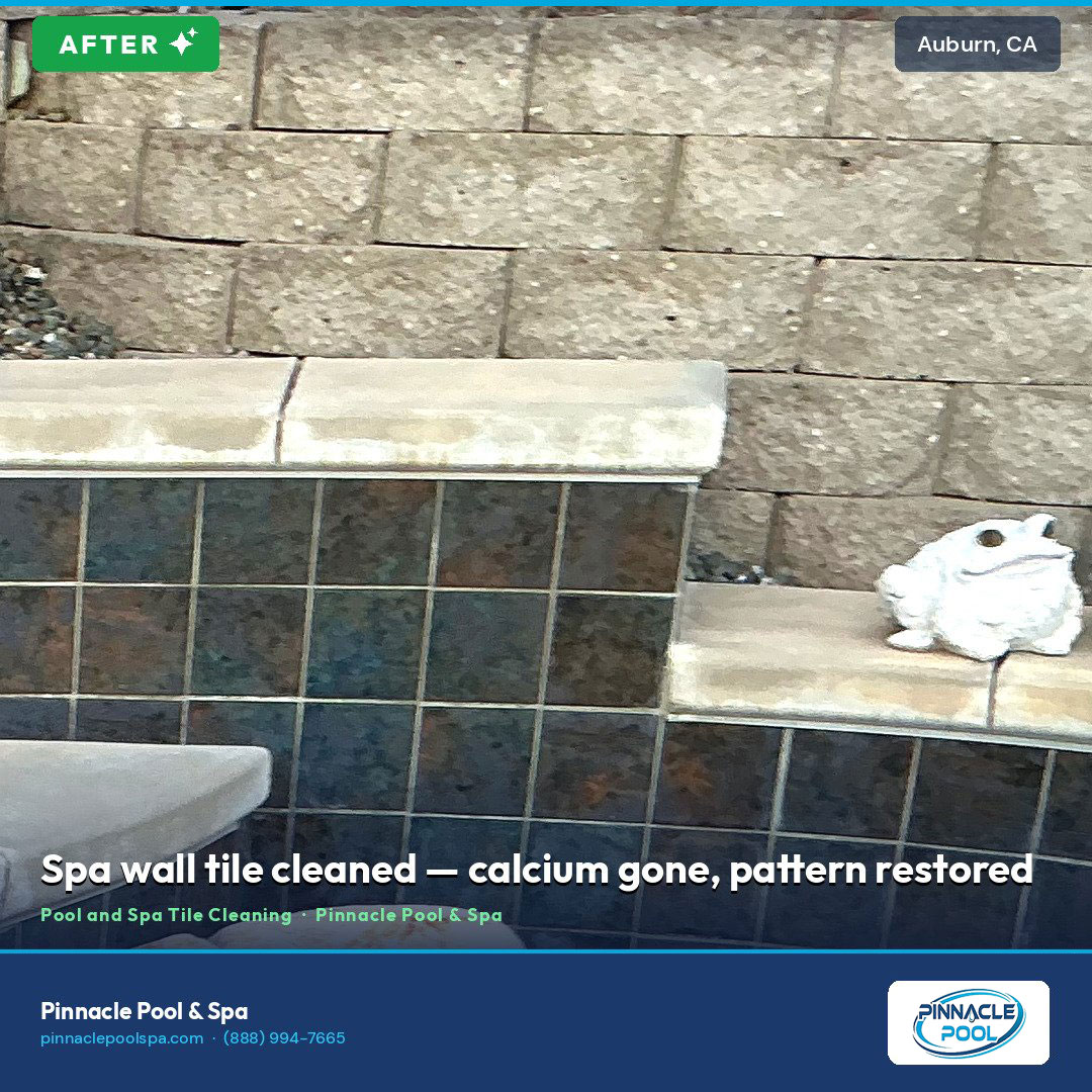 After — spa wall tile cleaned, calcium gone and pattern restored, Auburn CA