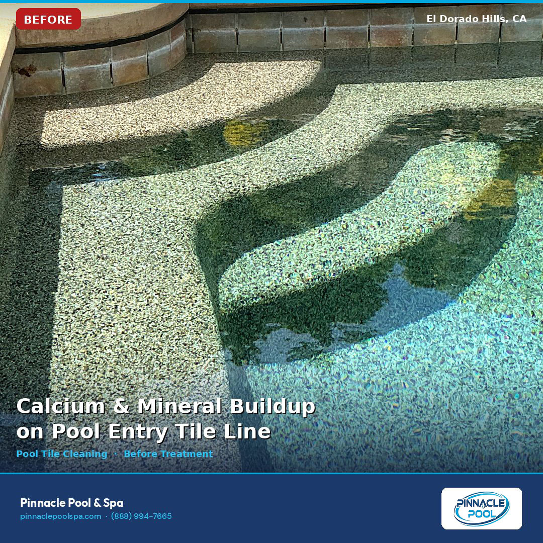 Before — calcium and mineral buildup on the pool entry tile line, El Dorado Hills CA