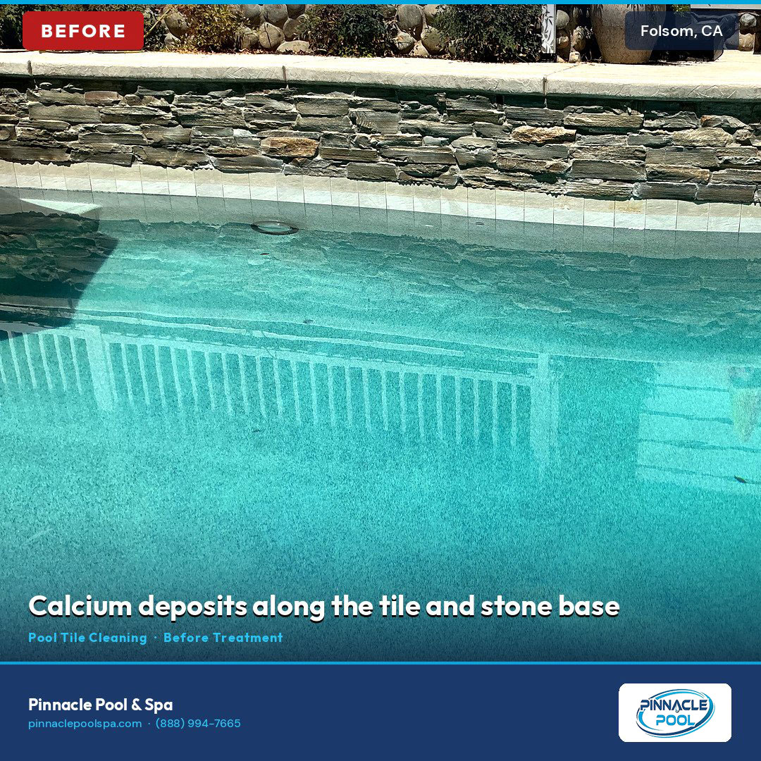 Before — calcium deposits along the tile and stone base, Folsom CA