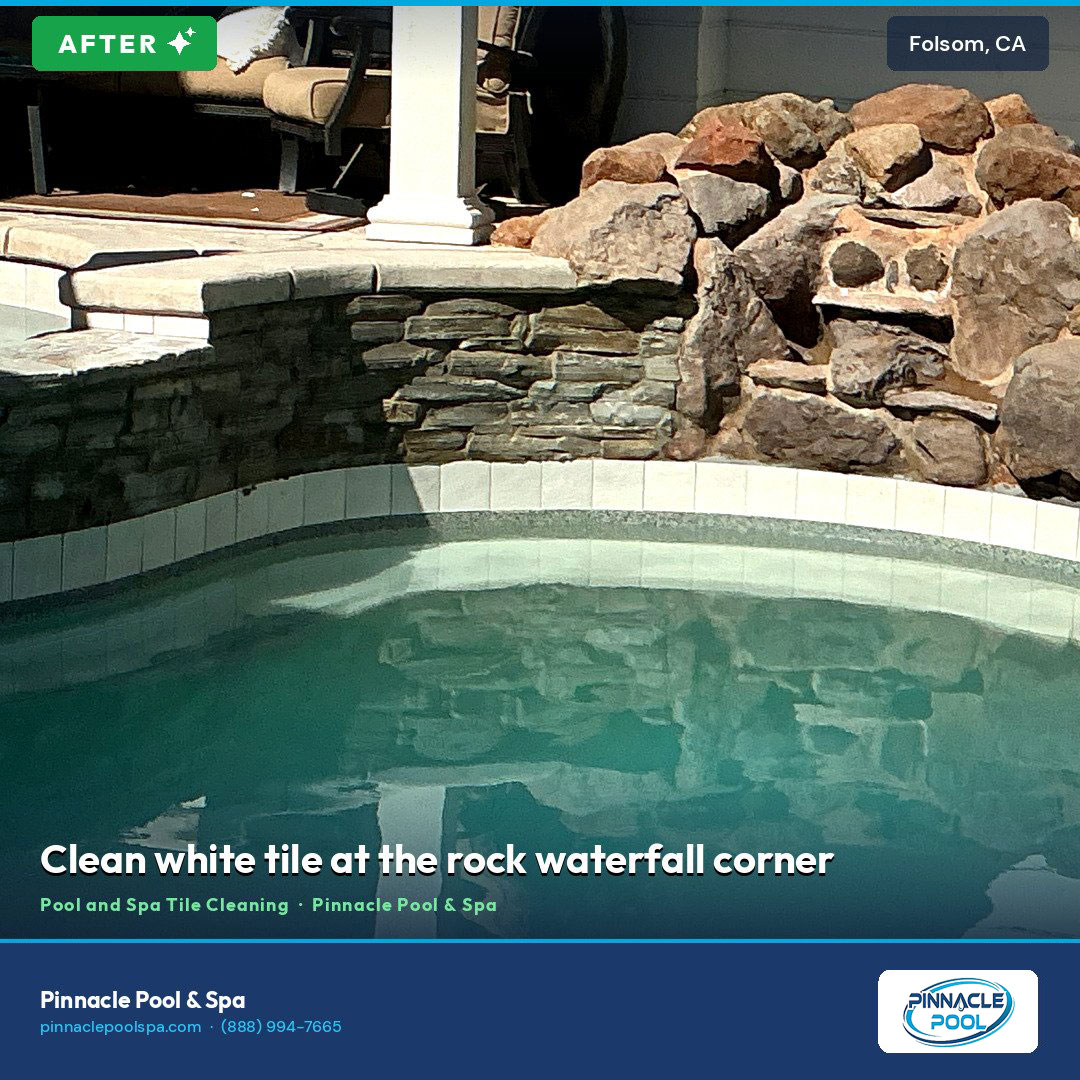 After — clean white tile at the rock waterfall corner, Folsom CA