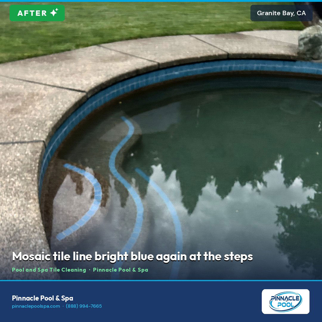 After — mosaic tile line bright blue again at the steps, Granite Bay CA