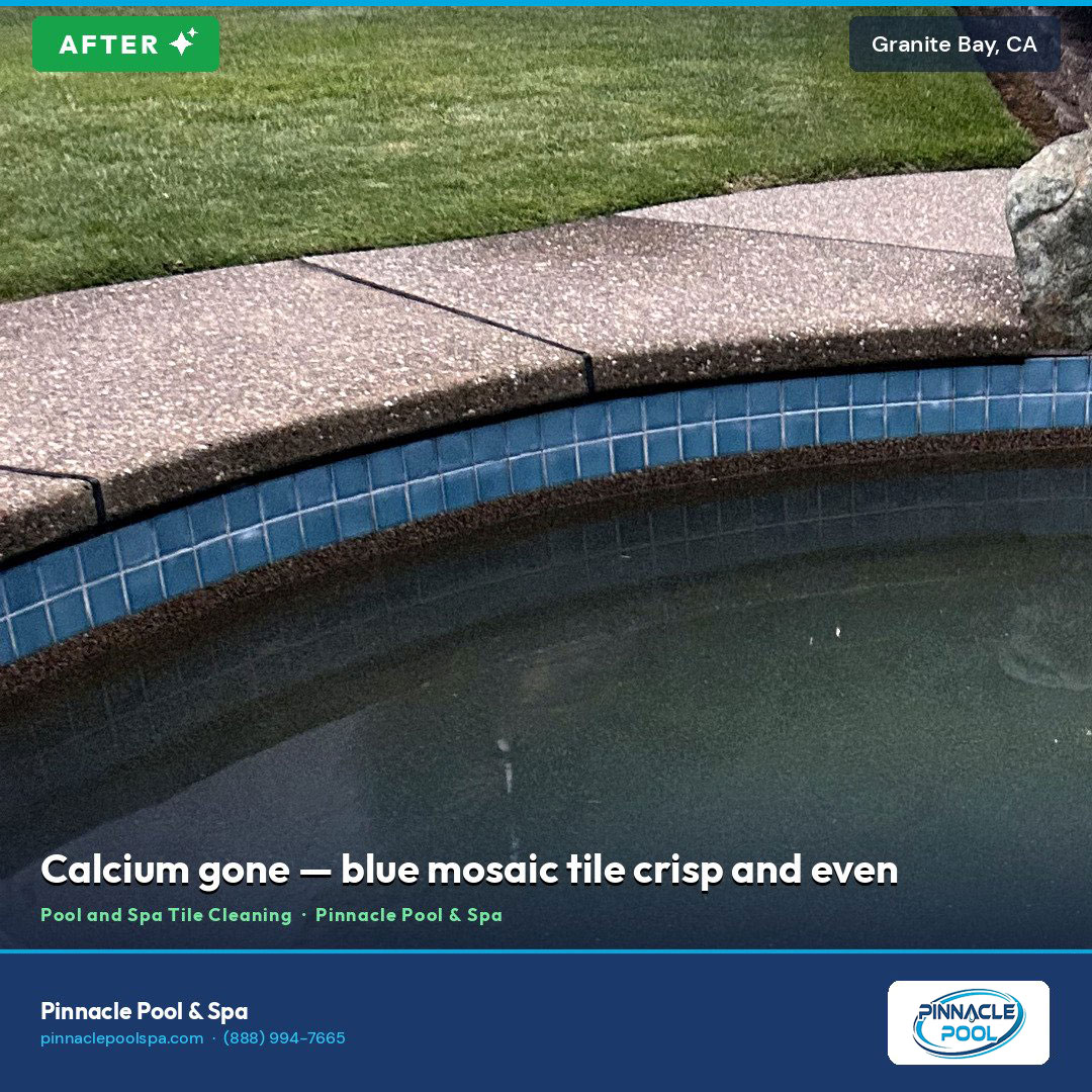 After — calcium gone, blue mosaic tile crisp and even, Granite Bay CA
